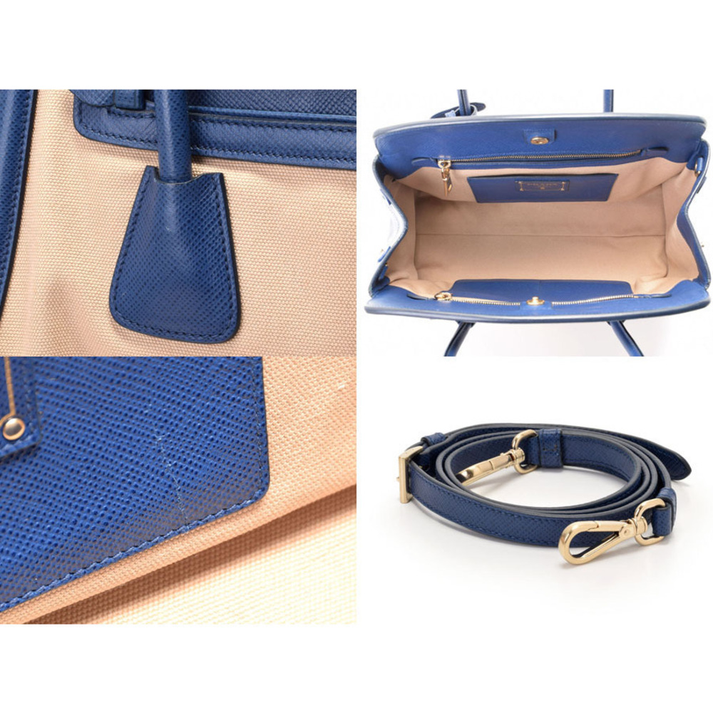 Prada bag Tote blue beige Saffiano canvas Cuir Double - Picture 9 of 11
